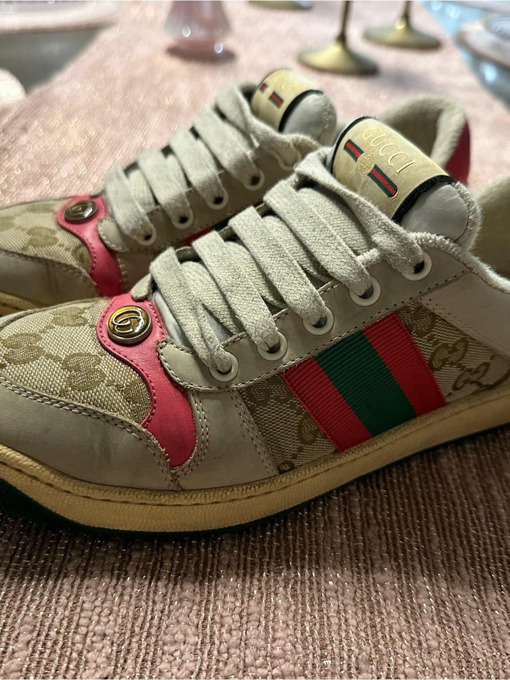 Gucci Beige Canvas Sneakers with Red & Green Web Stripe and Pink Accents